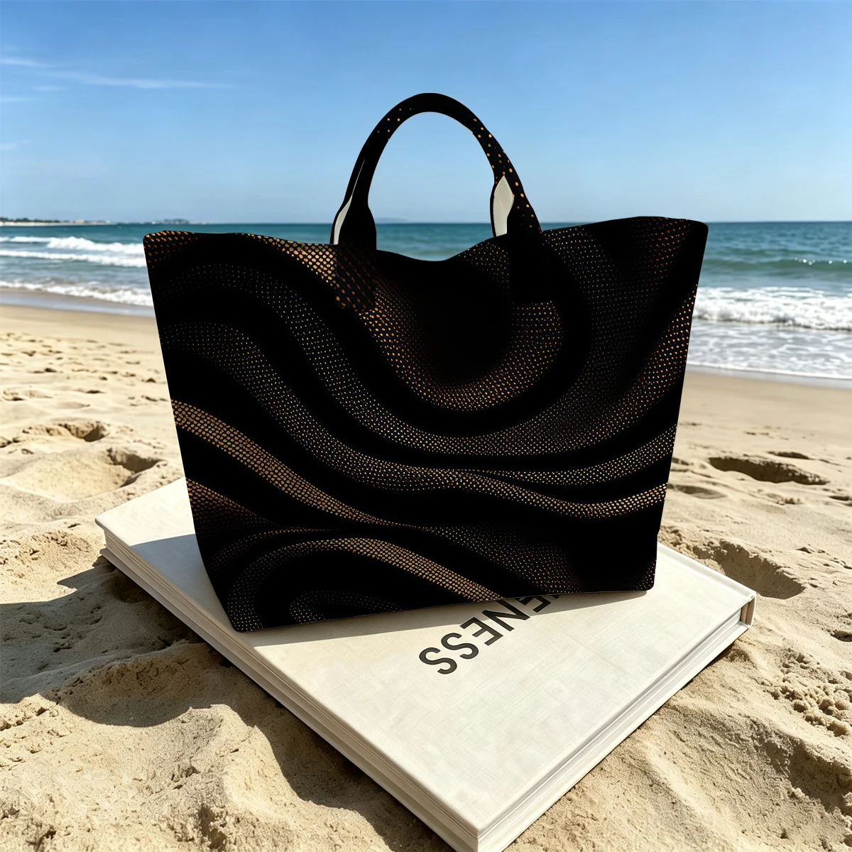 Black Gold Wave Fashion Large Glossy PVC Tote Bag Hand Washable Waterproof Perfect Travel Commute Cosmetic Storage Shopper
