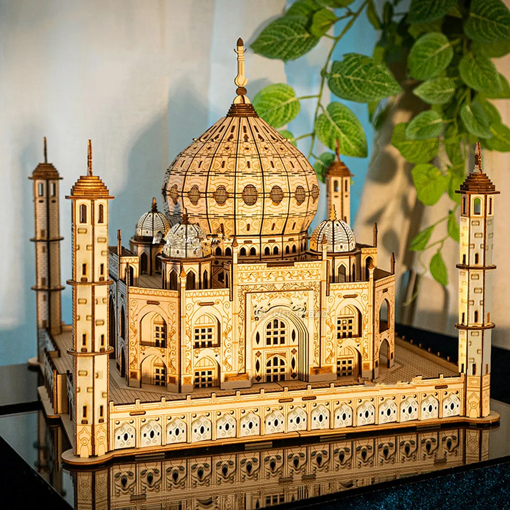 3D Puzzle Wooden House Model Royal Castle Taj Mahal With Light Assembly Toy For Kids Adult DIY Model Kits Decoration for Gifts