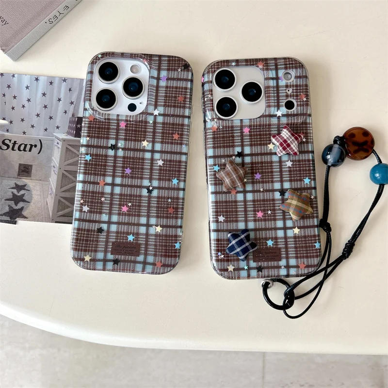 Coreano bonito 3d estrela xadrez padrão caso de telefone para iphone 17 pro 14 15 16 pro max capa com grânulo mão corda casos à prova de choque funda