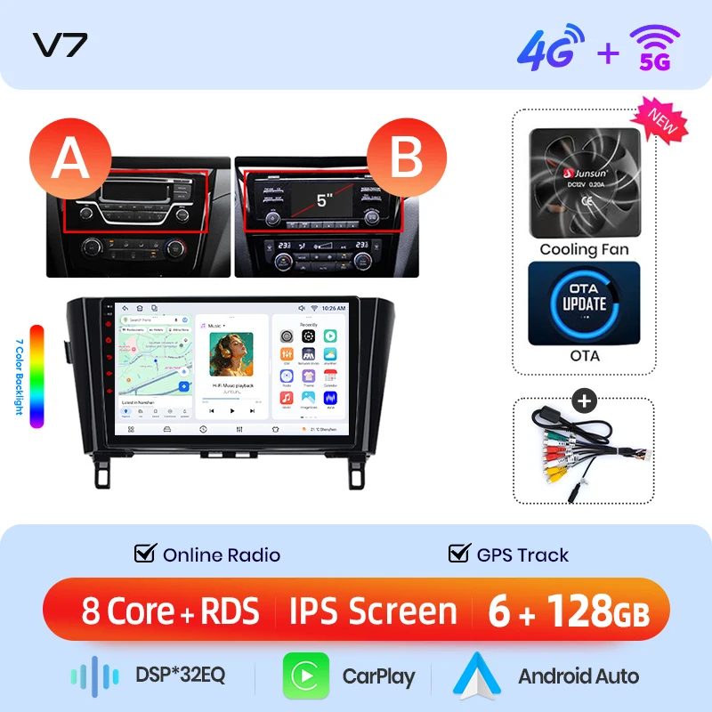 Junsun draadloze CarPlay Android Auto autoradio voor Nissan Qashqai (J11) / X-Trail (T32) 2013-2017 met ingebouwde koelventilator, Android GPS navigatie, multimediaspeler, WiFi, DSP, RDS, BT, SWC, IPS