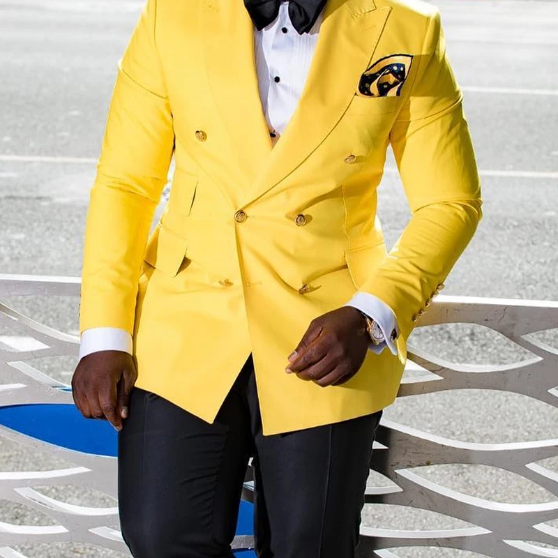 Traje amarillo de doble botonadura para hombre, conjunto de 2 piezas ajustado para baile de graduación, esmoquin de boda, traje de padrino de boda, Blazer con pantalones negros, moda