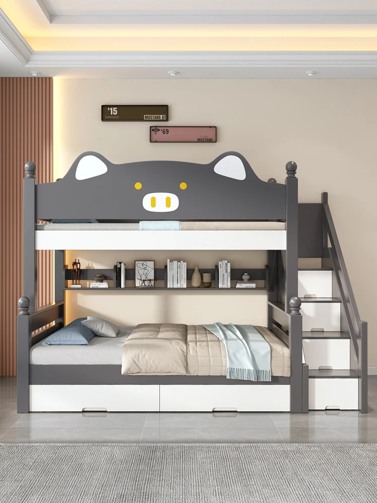 Modern simple rubber wood solid  bed bunk  children mother double high and low