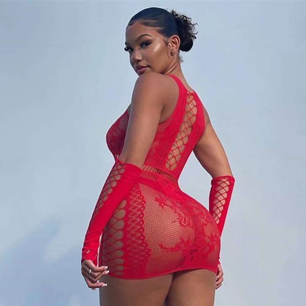 Fashion Female Sexy Lingerie Fishnet Hollow Mesh See Through Short Mini Dress Party Club Wear Erotic Perspective Bodycon Dress