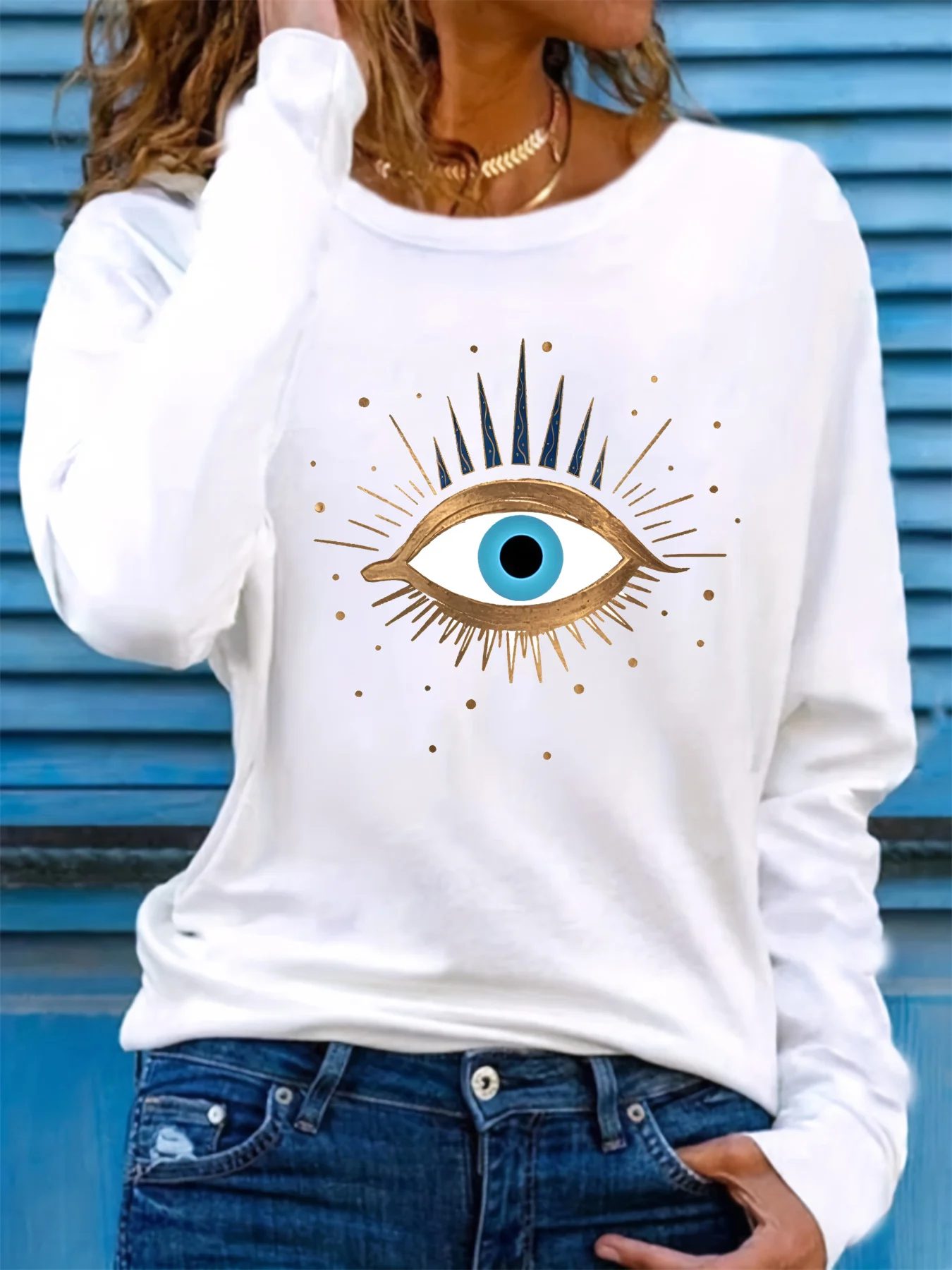 

Women's Spring and Autumn Loose Comfortable Eye Pattern Printed Long Sleeved Round Neck T-shirt Plus Size New Style