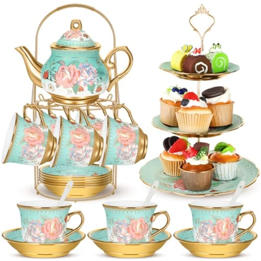 

Набор для чаепития из 21 предмета: фарфоровый чайник, подставка для кексов и поднос с металлическим каркасом, керамические чайники, чашки, блюдца, многоярусная подставка для кексов для женщин
