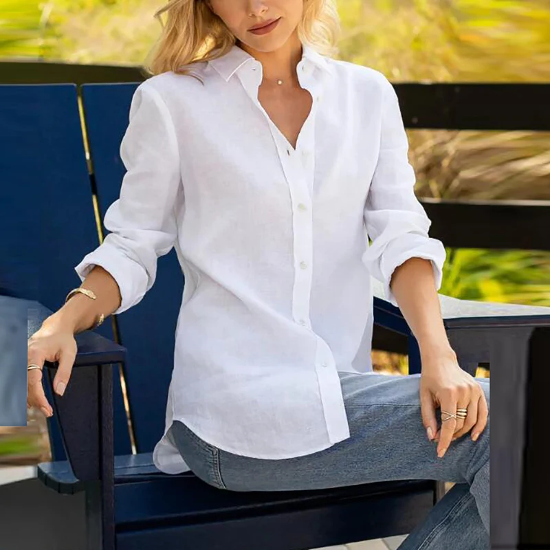 Camisa casual de peito solto feminina, blusas monocromáticas, tops de escritório, azul, branco, preto, nova moda, primavera, outono