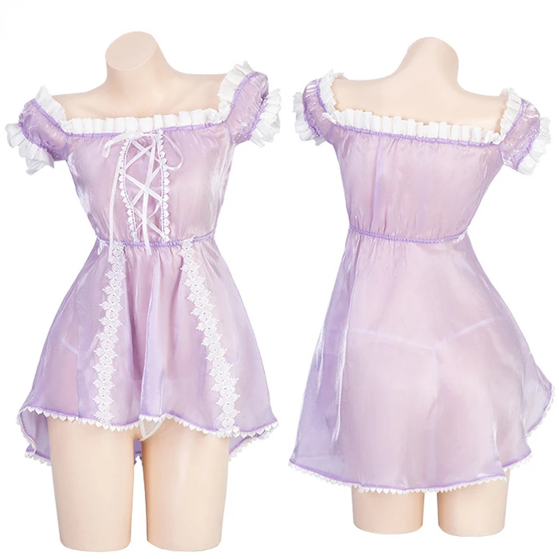 Anime Castle Princess Purple Puff Sleeve Dress Uniform Costumes Women Off Shoulder Nightdress Pajamas Shiny Cute Outfit Cosplay