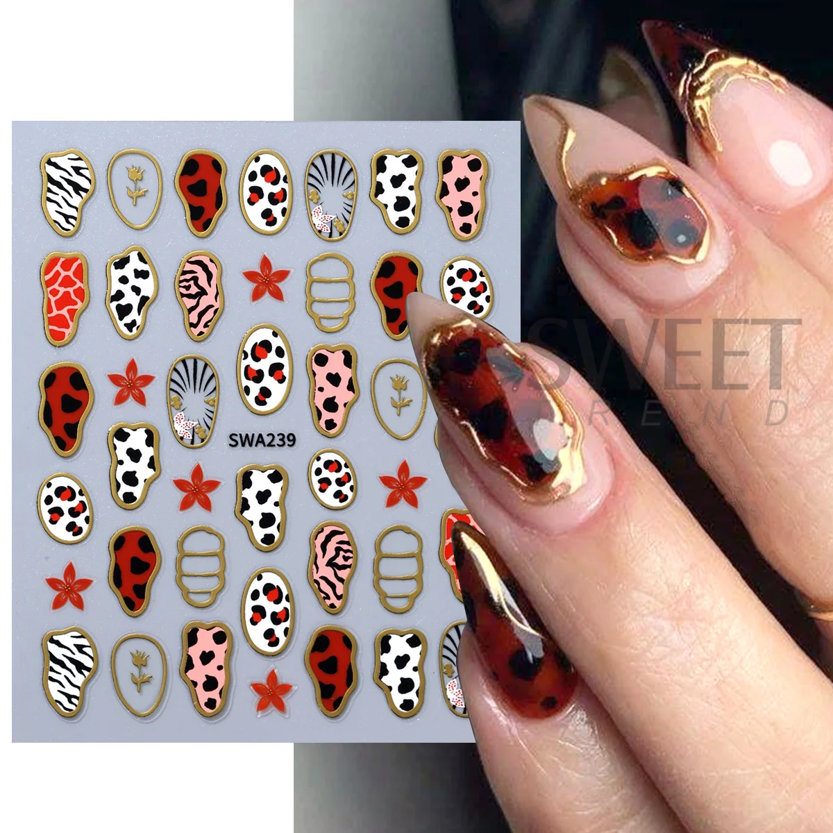 2pcs Metallic Gold Autumn Nail Stickers 3D Leopard Zebra Print Frame Lily Star Sun Design Adhesive Sliders Y2K Manicure Decals