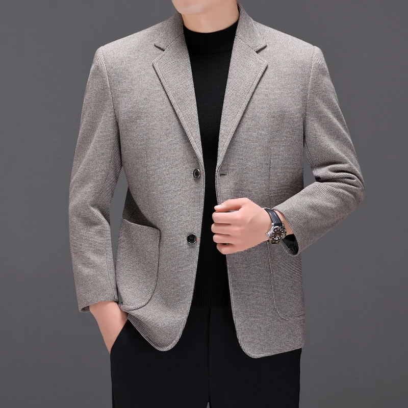 

Faionable Plaid Men's Suit Casual Busin Casual Outerwear Pure Color Top Trendy Autumn New Arrival Stand Fit Long Sve