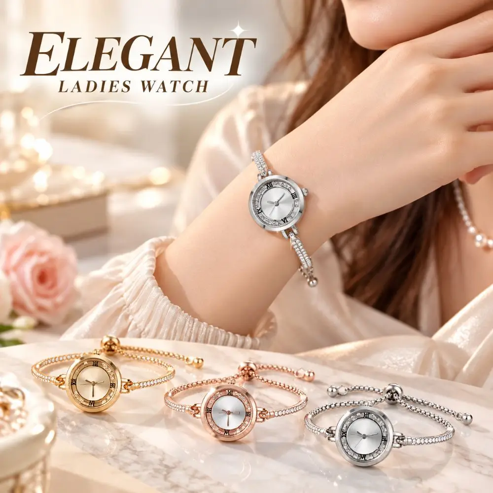Rhinestone Quartz Watches Diamond Studded Watch Strap with Adjustable Bracelet Rotundity Shaped Watch Wrist Decoration Gift