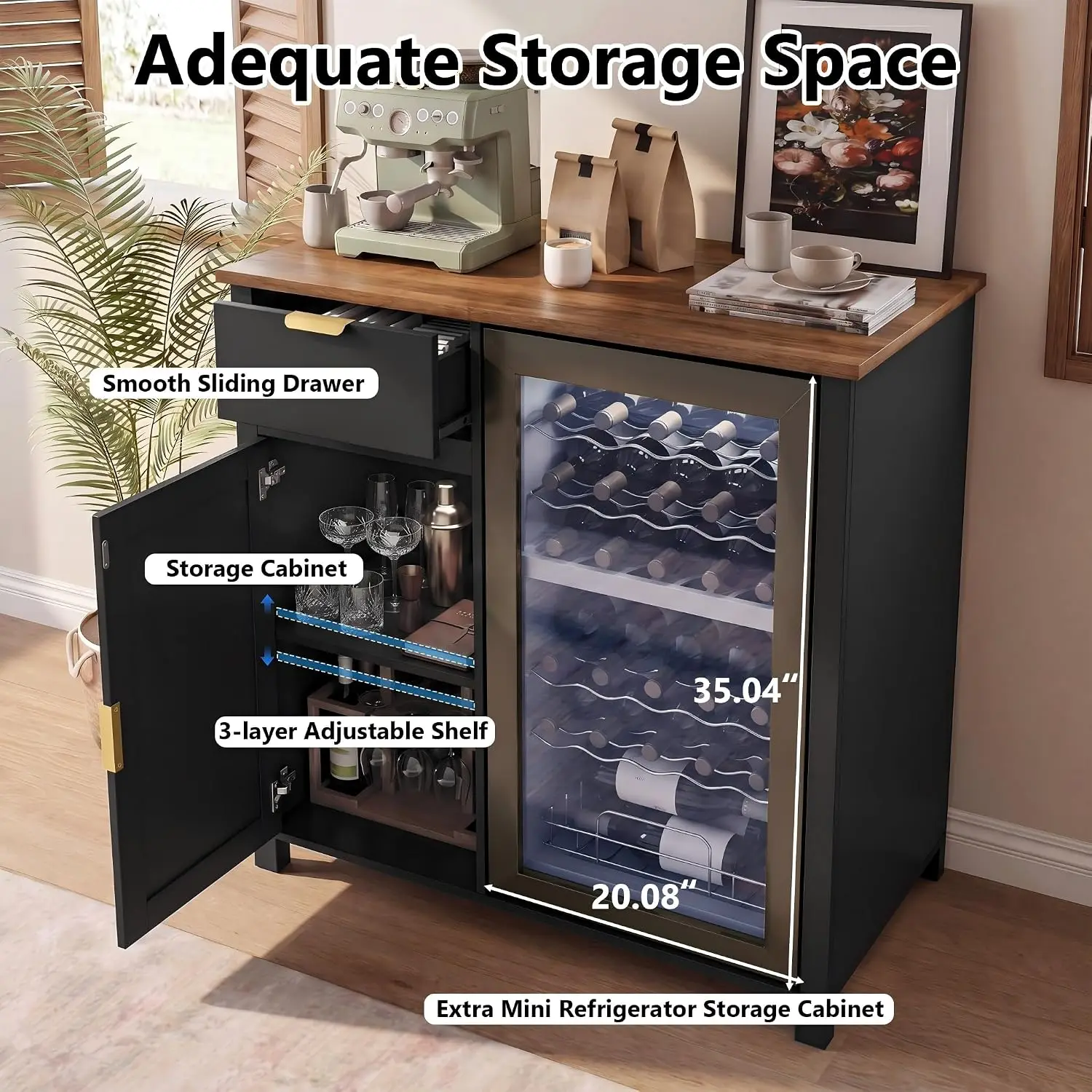 Bar Cabinet with Fridge Space, Black Wood Storage Furniture for Kitchen Dining Room, 39.37x20.86x38.66