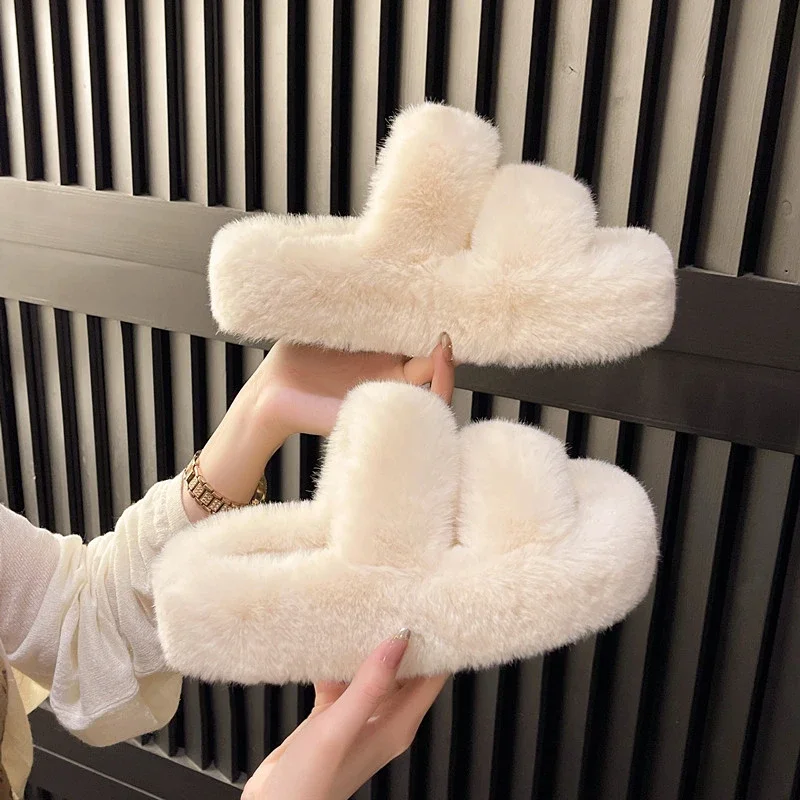 Women's plush slippers with flat bottoms for autumn and winter, new thick soled one line plush cotton slippers