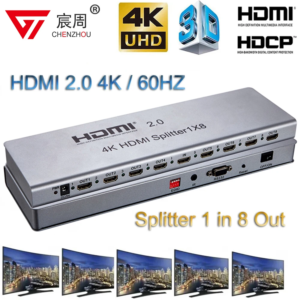 4K@60hz 1x8 HDMI 2.0 Splitter HDCP2.2 1080p 1 In 8 Out Multi Screen mirror Display for Ps3 Ps4 Camera PC To TV Monitor Projector