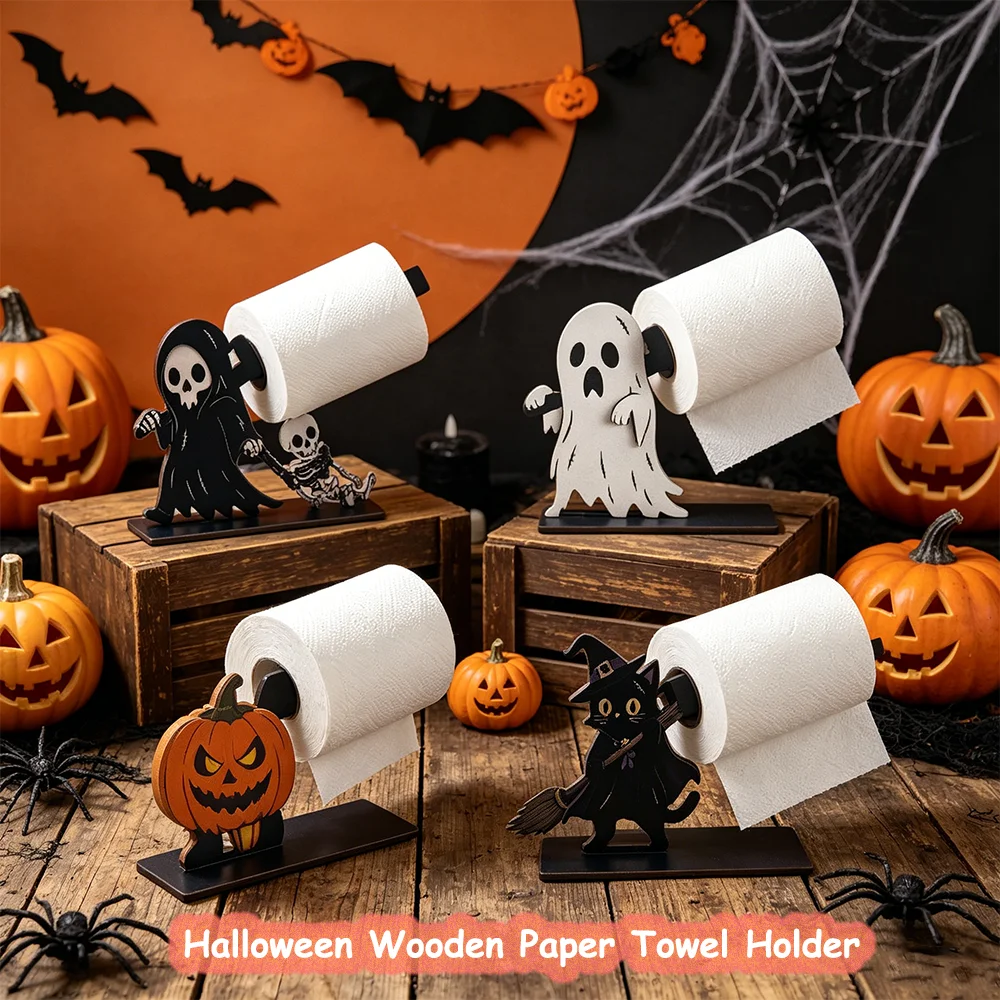 Halloween Wooden Paper Towel Holder Ghost Pumpkin Skeleton Countertop Tissue Roll Rack Halloween Tabletop Kitchen Bathroom Decor