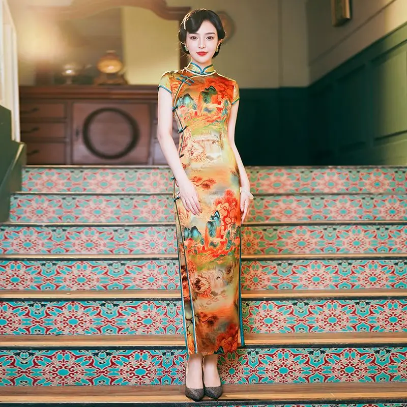 

Yourqipao New Spring and Summer Mulberry Silk Cheongsam Chinese Improved Long Qipao Dress Peformance Hanfu Dress