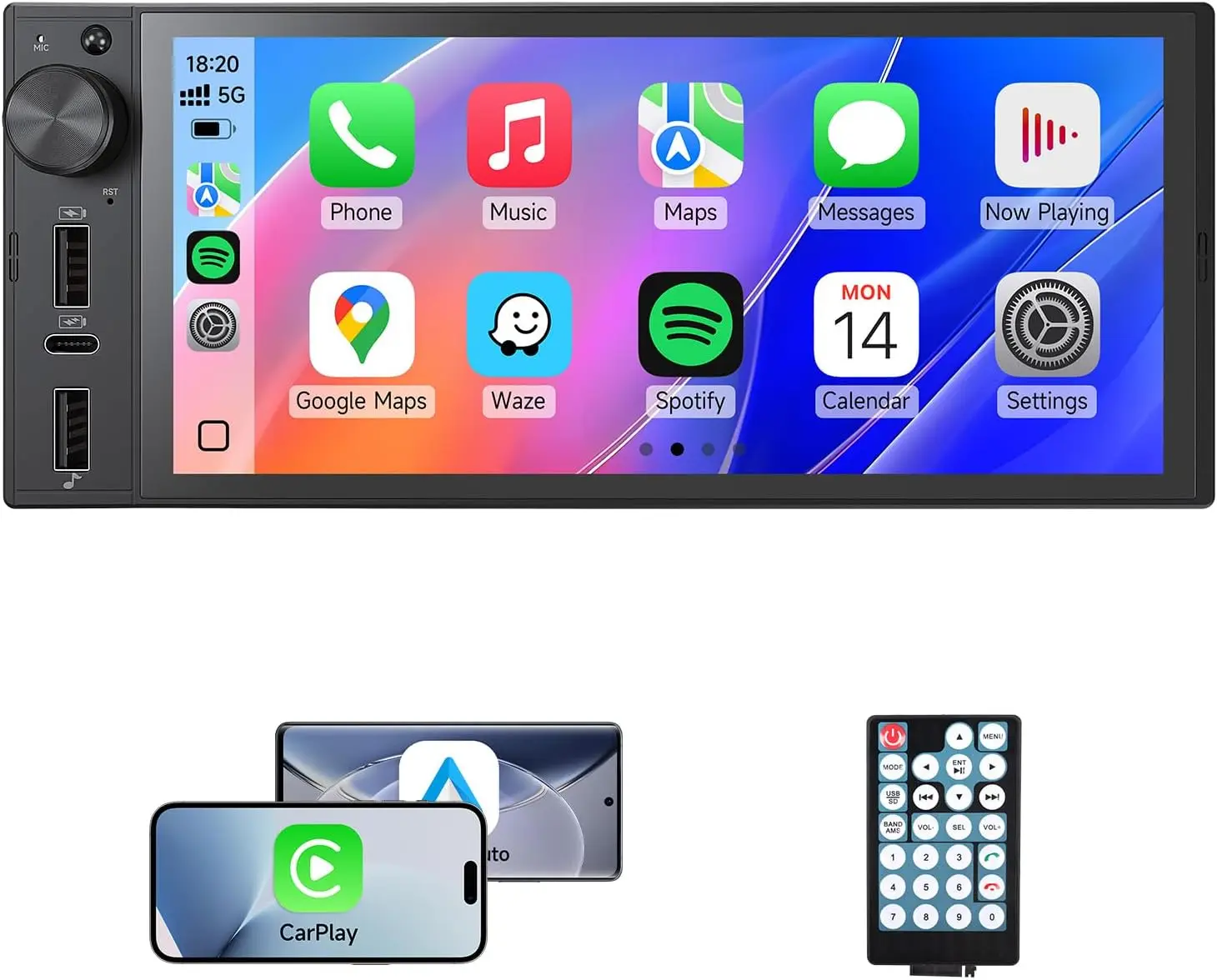 

6 Inch Car Stereo with CarPlay, Android Auto, Bluetooth, USB-C Charging, MirrorLink