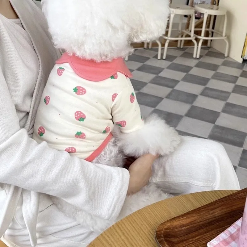 Strawberry Print Dog Clothes Pink Pet Dog Vest Cute T-Shirt Puppy Costume Cat Dog Polo Shirt Chihuahua Bichon Girls Dog Pullover