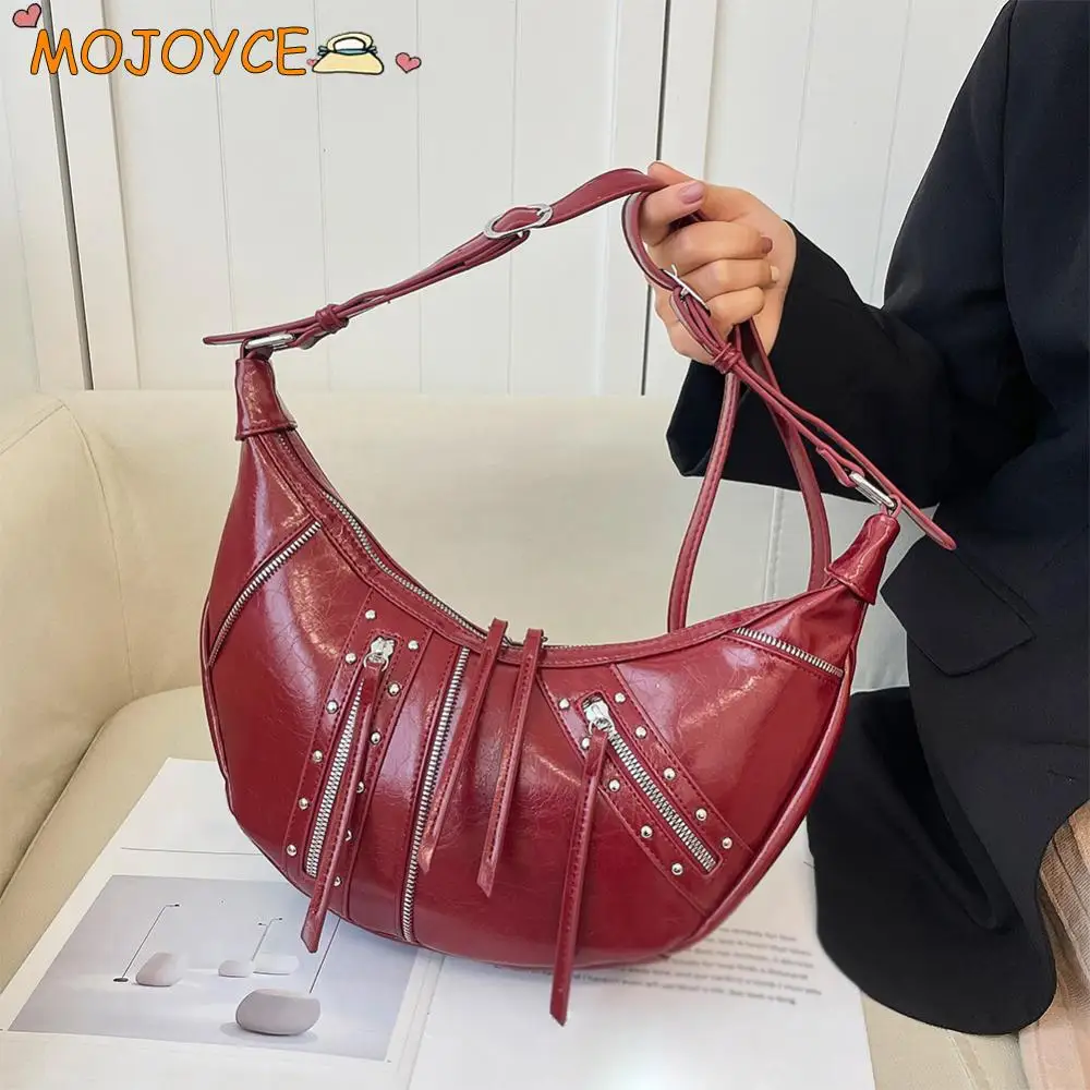 

Vintage PU Leather Crescent Bag Y2K Women's Shoulder Bag with Inner Pocket Large Capacity Crossbody Bag Punk Style Messenger Bag