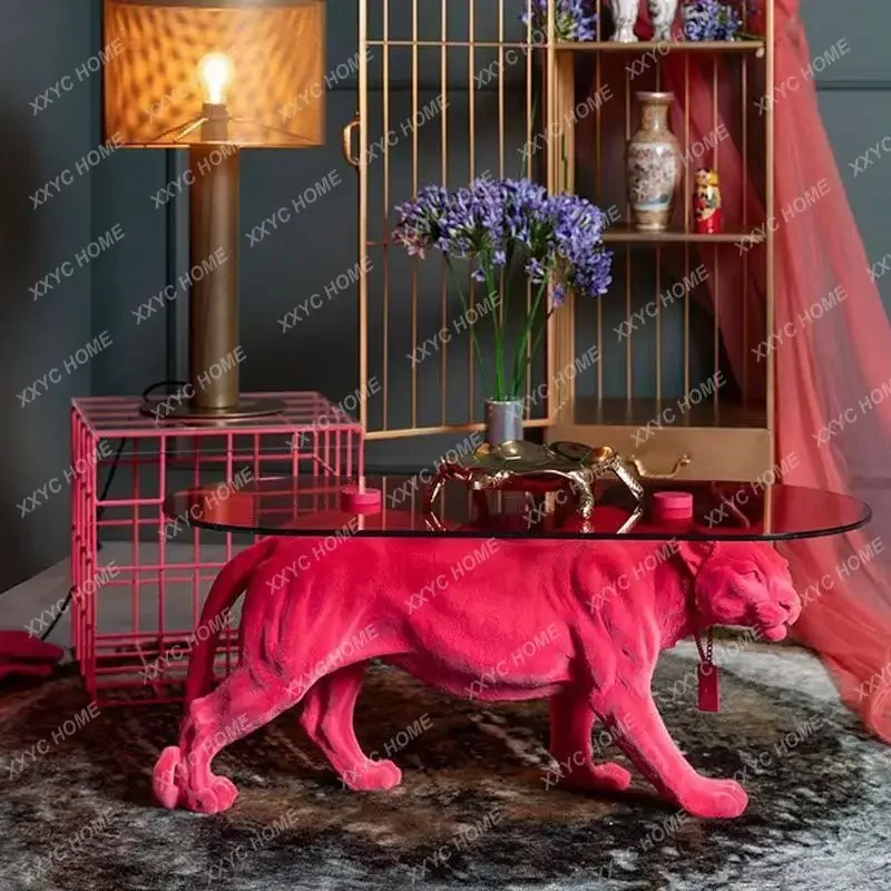 

Modern Simple and Light Luxury Animal Tea Table Pink Leopard Tempered Glass Tea Table
