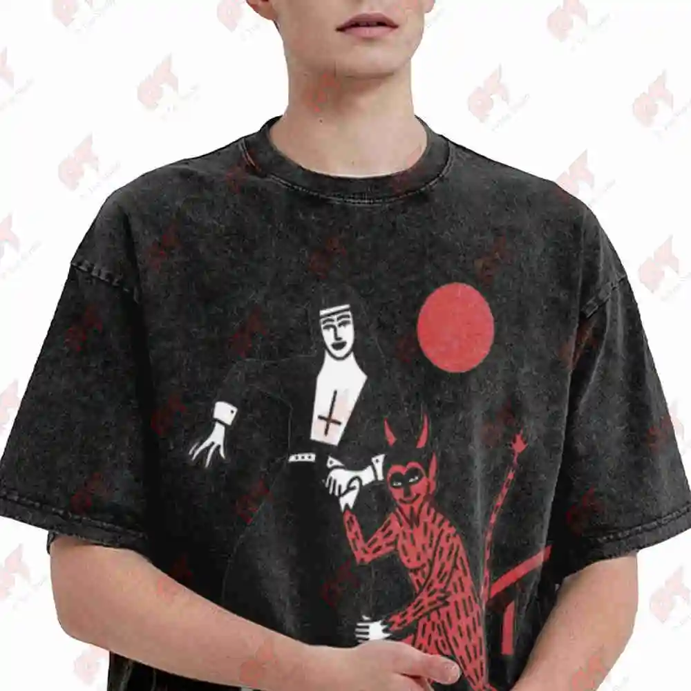 Vintage Punk Easter Funny Nun Devil Jesus Gothic Religious Humor Vintage Washed Tee Pure Cotton T-Shirt