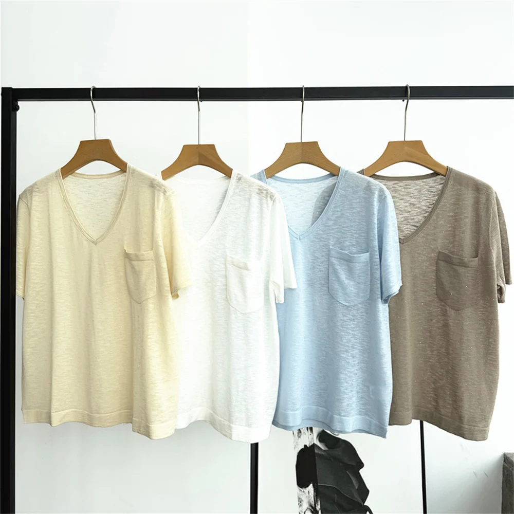 

Summer Women's Pullover V-Neck Pocket Short Sleeve Sequin Loose Solid Color Casual Knit Sweater Simple Fashion T-Shirt