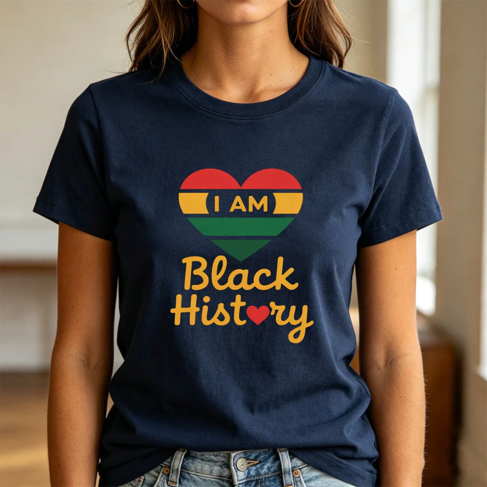 I Am Black History Heart Design Women T-Shirt Retro Heart-shaped Pattern Print Tops Fashionable Aesthetic Artistic Font Tees