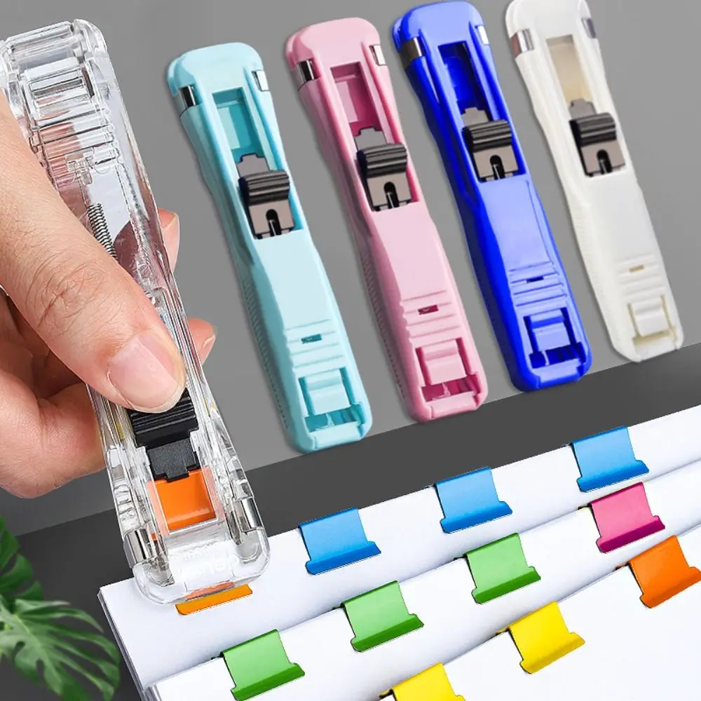 Simple Clip Pusher Traceless Metal Hand Push Clamp Students Stationery Paper Binding Clip Reusable Document File Stapler