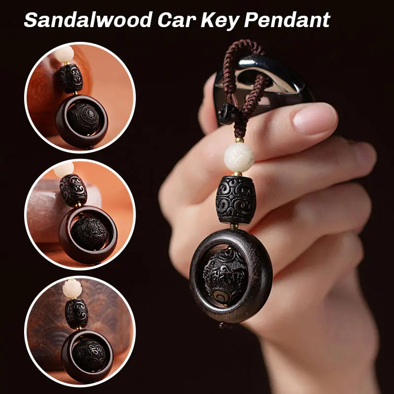 

Chinese Style Car Accessories Key Bag Pendant Keychain Hand-woven Sandalwood Carved Buddhism Lotus Lucky Hangings Gift Ornament