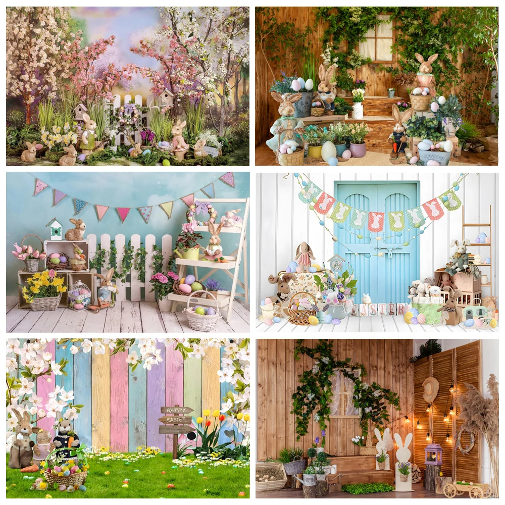 

Wood Floor Easter Backdrop Spring Rabbit Eggs Baby Family Shoot Celebration Photocall Kid Birthday Party Photo Background