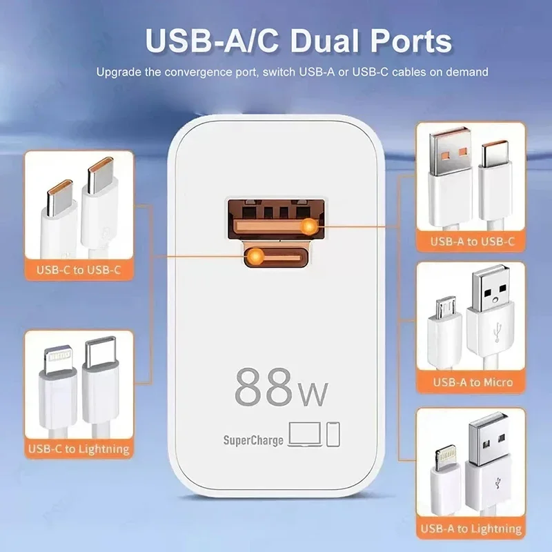 For HUAWEI Dual Ports Charger 88W EU US UK Super Fast Charger USB A/C PD Power Adapter 6A Type C Cable For Mate 60 P60 Pro+