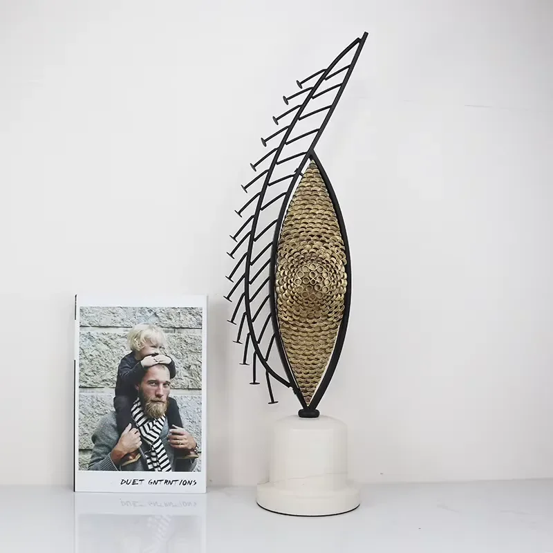 Black Metal Frame Golden Leaf Sculpture with Travertine Base Handmade Moder Abstract Ornament for Home & Hotel Art