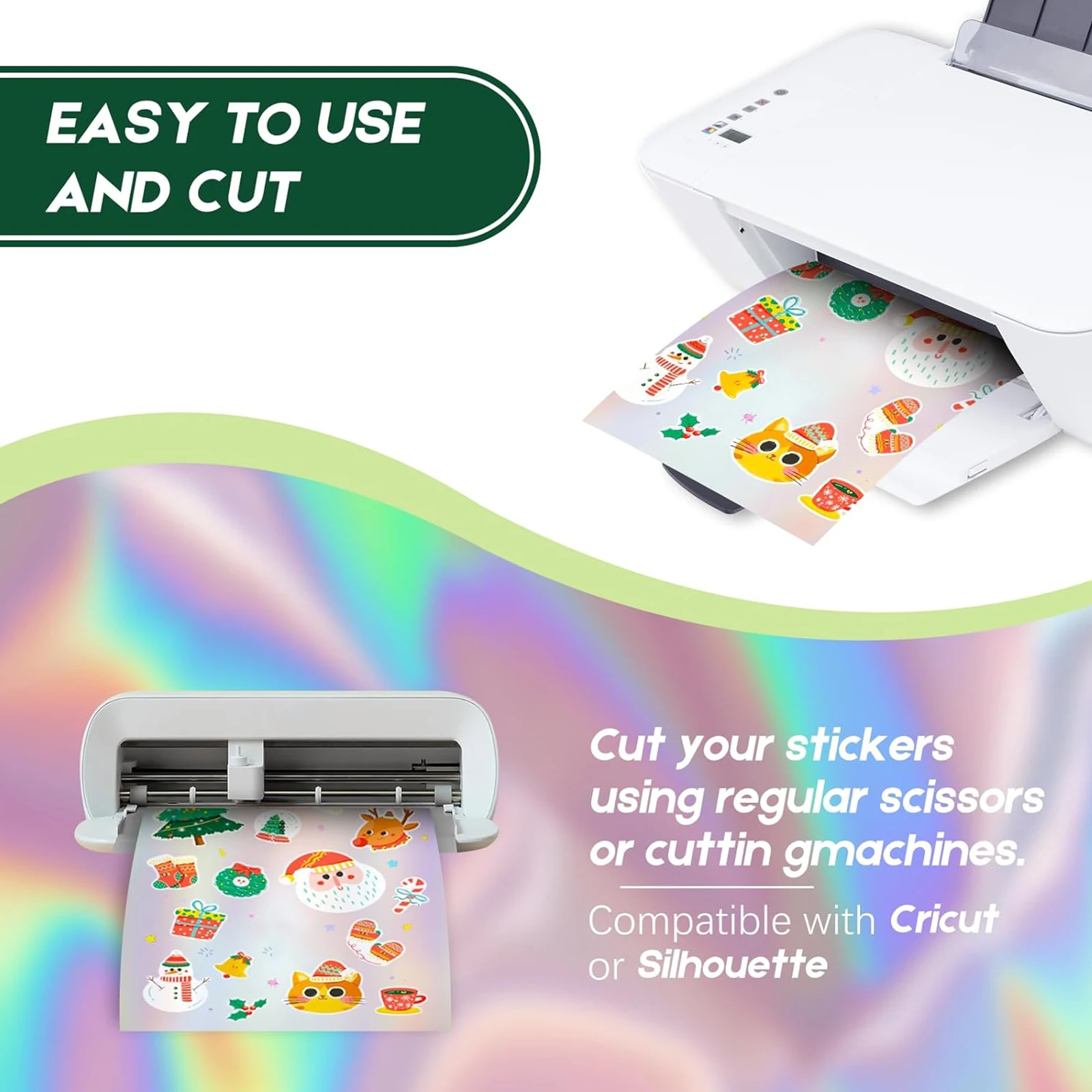 10 Sheets Holographic Letter Size (8.5" x 11") Printable Holographic Vinyl Sticker Paper Dries Quickly Waterproof Sticker Paper