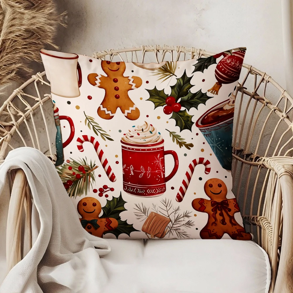 Square Throw Pillow Case White Christmas Gingerbread Man Hot Cocoa Candy Cane Holly Berry Print For Living Room Sofa Chair Home