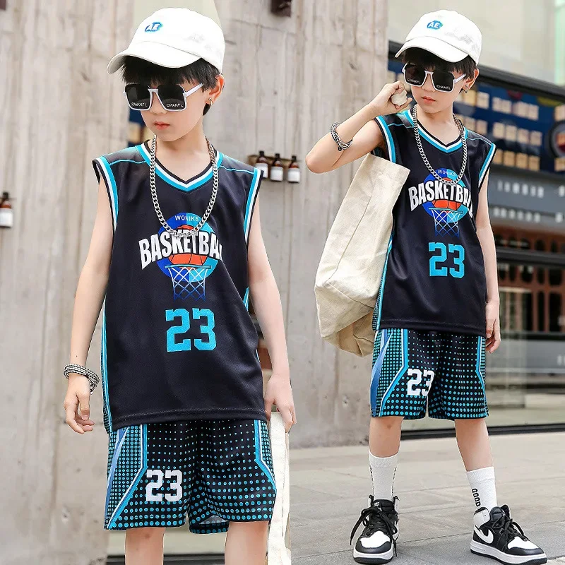 New Boys Girls Summer Basketball Jerseys 2023 Summer Kids Suit Cool Handsome Sports Training Uniforms Little，  lakers shorts