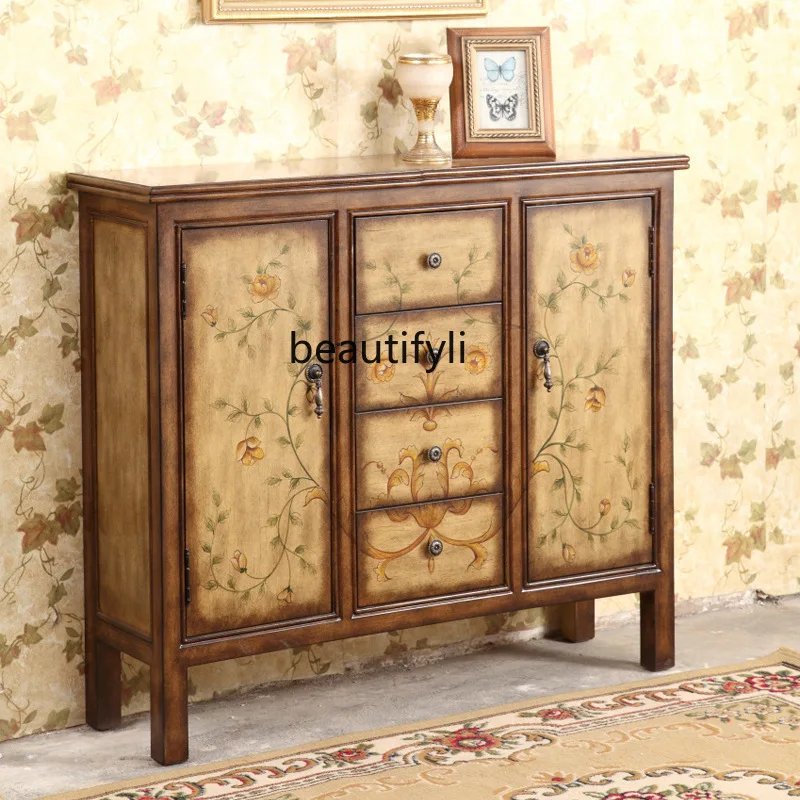 

American Style Entrance 4-Drawer 2-Door Storage Cabinet Solid Wood Partition Cabinet Retro Yellow Factory Wholesale