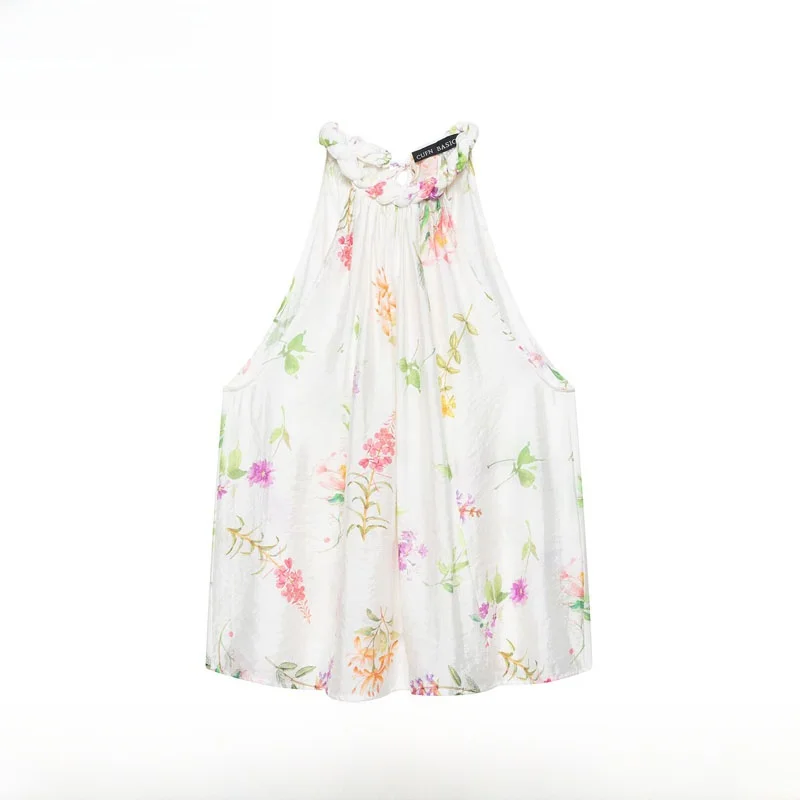Spring Summer New Women's Fashionable Floral Print off Shoulder Sleeveless Polyester Blouse Loose Fit Polyester Fiber T-Shirt