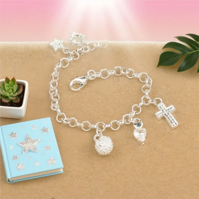 Top Quality 925 Sterling Silver Charm Cross Moon Heart Clock Pendants Bracelets & Bangles For Women Fashion Jewelry