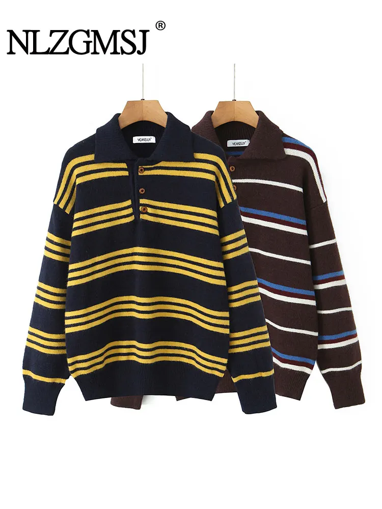 

NLZGMSJ Chic Women Sweater Striped Long Sleeve Knitted Loose Sweater New Fashion 2025 Autumn Female Tops