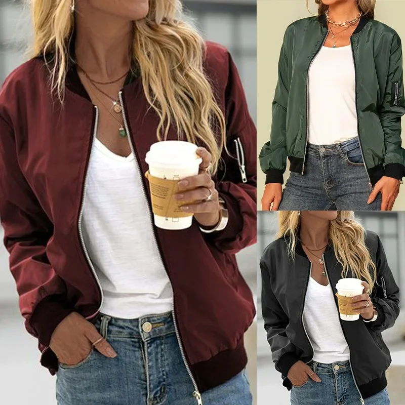 Women Spring Autumn Streetwear Fashion Basic Bomber Jacket Solid Color Long Sleeve Casual Loose Coat Outerwear