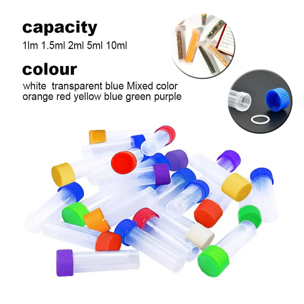 25-100 Pcs 1-10ml Plastic Test Tube Vial Sample Container Screw Cap Bottle for Craft Powder School Office Chemistry Lab Supplies