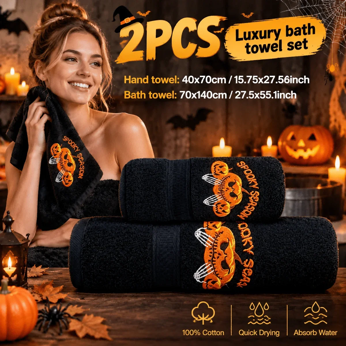 2/3-Piece Halloween 100% Cotton Towel Set, Luxury Soft Embossed Bathroom Towels, High Absorbency & Quick Dry. Suitable for Homes, Hotels, Spas, Gyms and Bathrooms. Great Halloween Gift, Ideal Present for family and Friends.