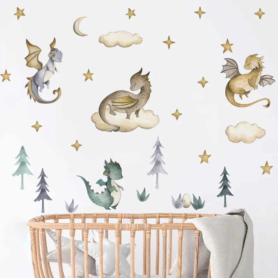 Watercolor cartoon dragon, dinosaur, cloud, and tree wall stickers, made of PVC.
