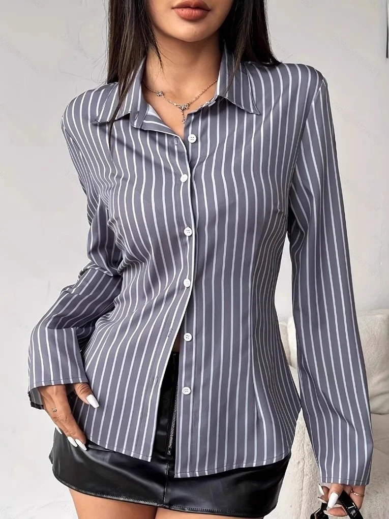 Femmes coupe ajustée rayé boutonné irt décontracté Sle Long Sve haut Faionable Ele chinois Brandl vêtements