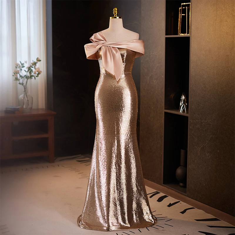 

Champagne Color One-oulder Evening Gown Women's Slimming High-End Feeling Banquet Annual Meeting Host Elegance Fi Tail Dr