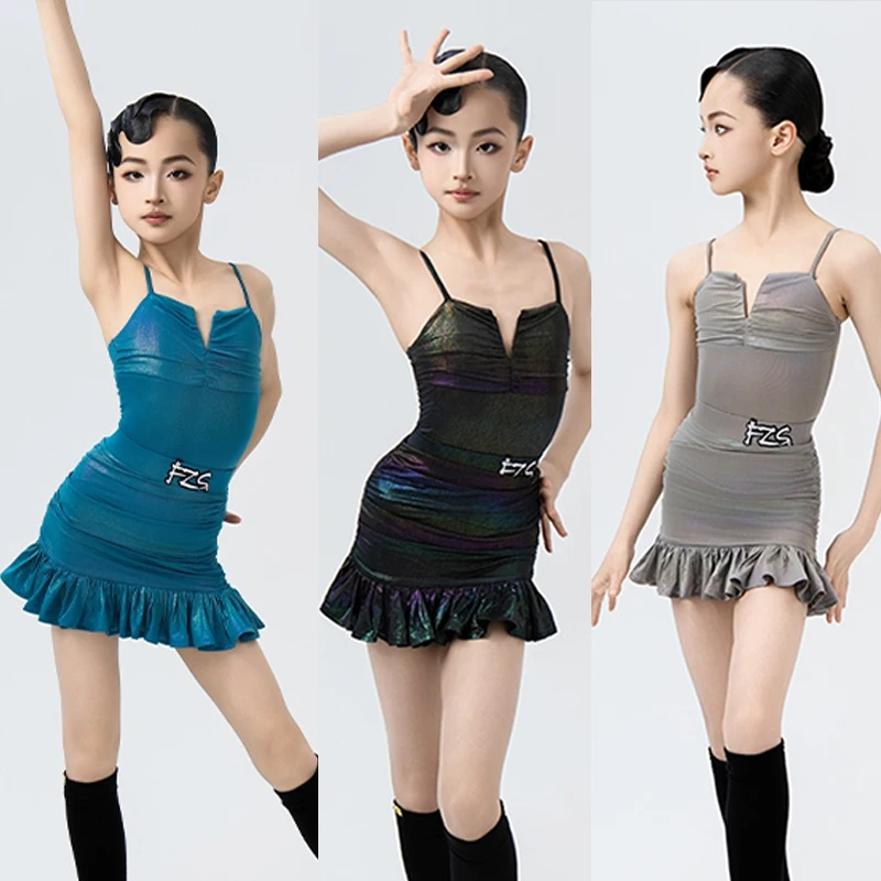 Costumi di danza di performance per bambini di moda per ragazze Abiti professionali di danza latina senza maniche Gonne superiori latine SL13310