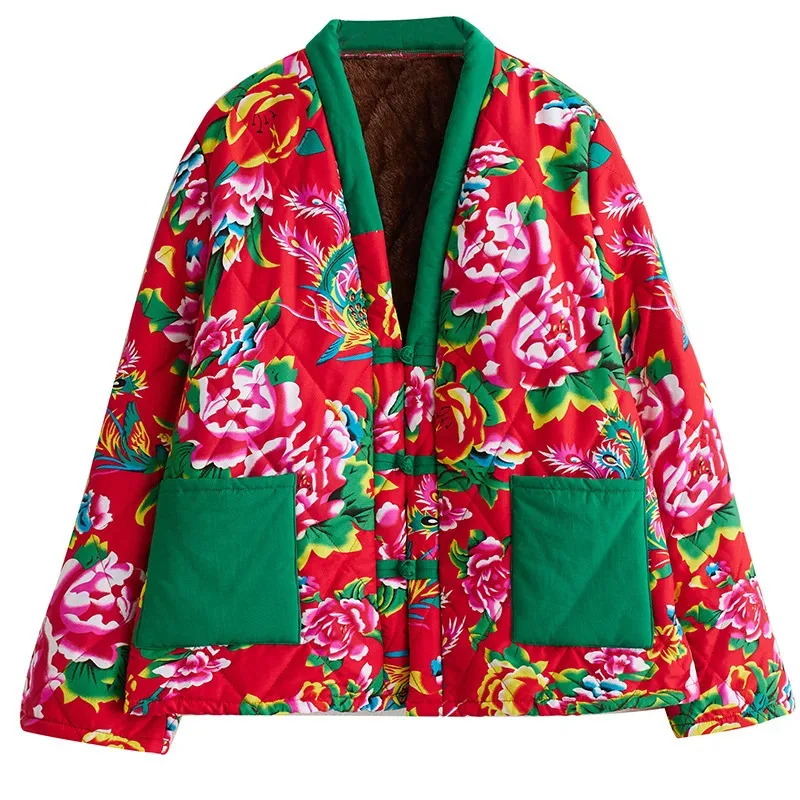 شمال شرق الصين طباعة زهرة سترة مبطنة بالقطن ثوب الكيمونو الياباني سترة الشتاء معطف سميك Haori Yukata زي العرقية