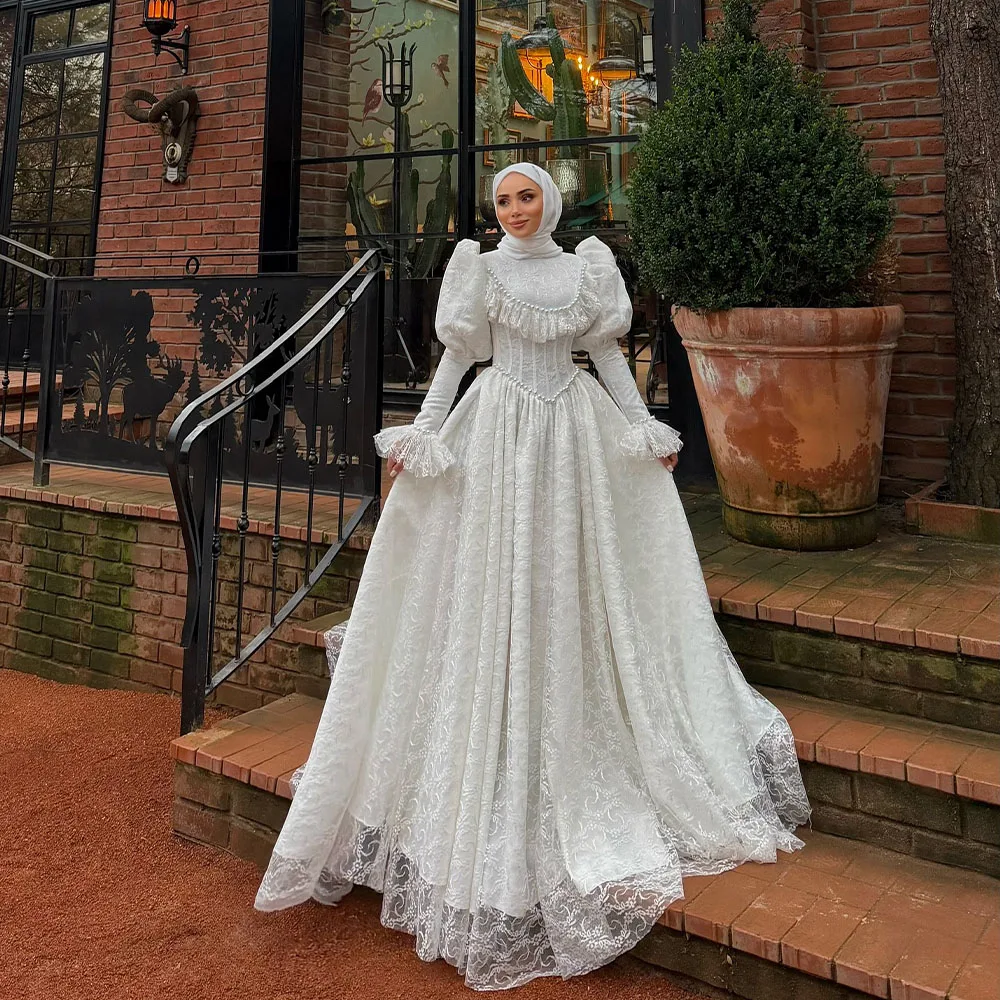 

Elegant Muslim Wedding Dresses High Neck Long Flare Sleeve Civil Bride Dress A Line Lace Bridal Gown Customized robe de mariée