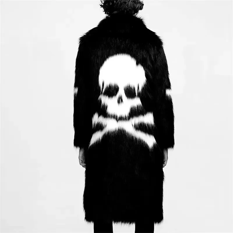 Men Faux Fur Coat Skull Pattern Long Knee Length Heavy Industry Style Warm Windbreaker Autumn Winter Outdoor Casual Jacket