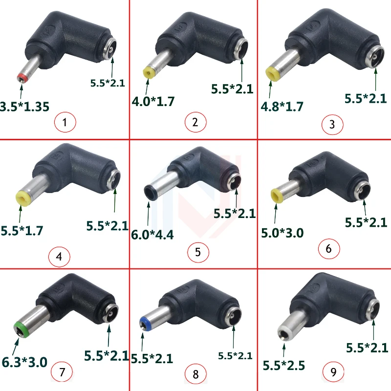 Zasilacz DC 5,5 x 2,1 żeńskie gniazdo do 3,5 x 1,35/4,0 x 1,7/4,8 x 1,7/5,5 x 2,1/5,5 x 2,5/6,3 x 3,0/6,0 x 4,4 mm 90 stopni męskie złącze DC