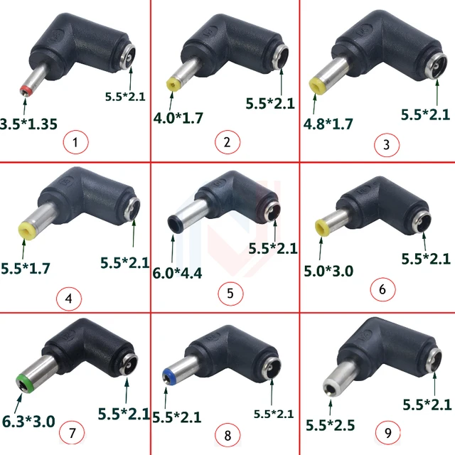 Zasilacz DC 5,5 x 2,1 żeńskie gniazdo do 3,5 x 1,35/4,0 x 1,7/4,8 x 1,7/5,5 x 2,1/5,5 x 2,5/6,3 x 3,0/6,0 x 4,4 mm 90 stopni męskie złącze DC